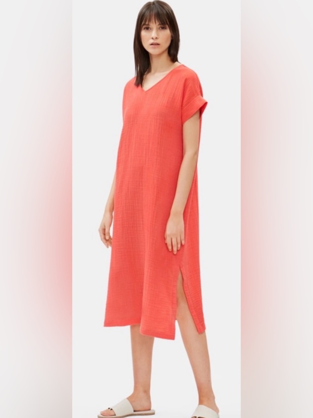 Eileen Fisher V Neck Organic Cotton Midi Dress Coral Orange M